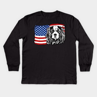 Proud Cavalier King Charles Spaniel American Flag patriotic dog Kids Long Sleeve T-Shirt